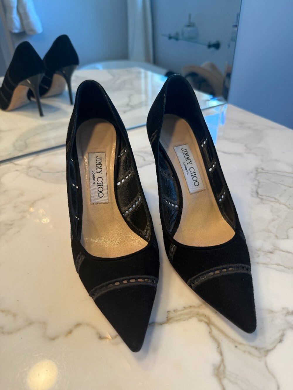 Jimmy Choo Black Suede Pointed-Toe Cutout Pumps Size 36.5